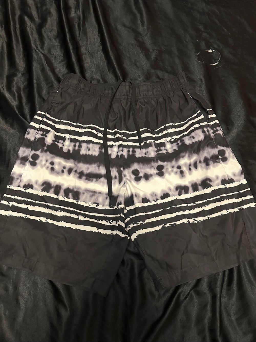 Men’s Black & White Tie-Dye Swim Trunks with Elastic Waist
